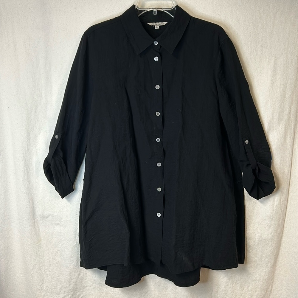 John Mark Women’s Tunic Blouse Size L Black Ruffle Detail on Back Tab Up Sleeve